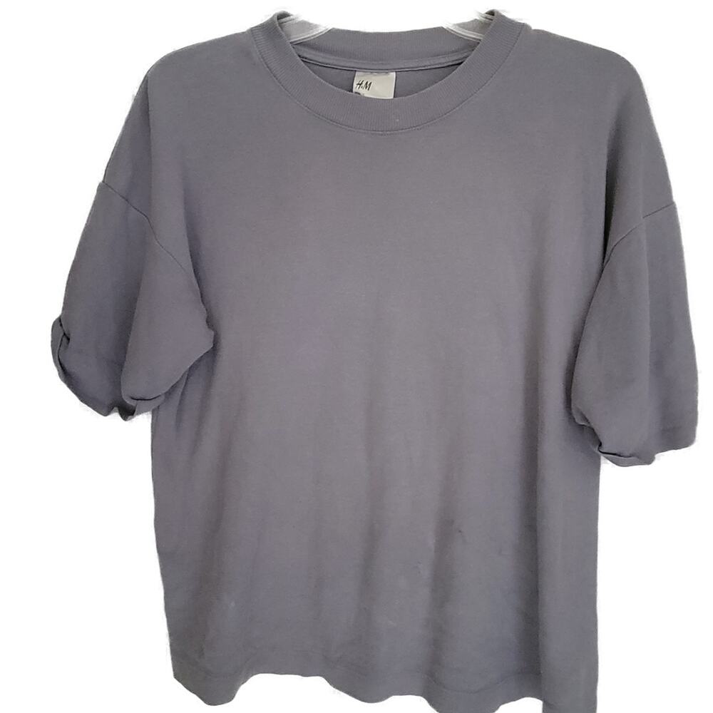 H&M T-Shirt Women Small Grey Boxy Cotton Short Sleeve Rolled Cuff Basic Tee